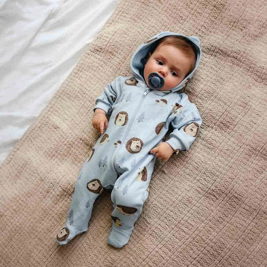 Blauer Baby-Sweatoverall mit Füßen und Igelmotiv