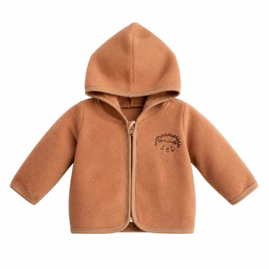 Braune Kinder-Fleecejacke mit Igel-Stickerei