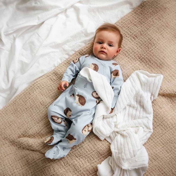Blaue Baby-Stramplerhose mit Igelmotiv