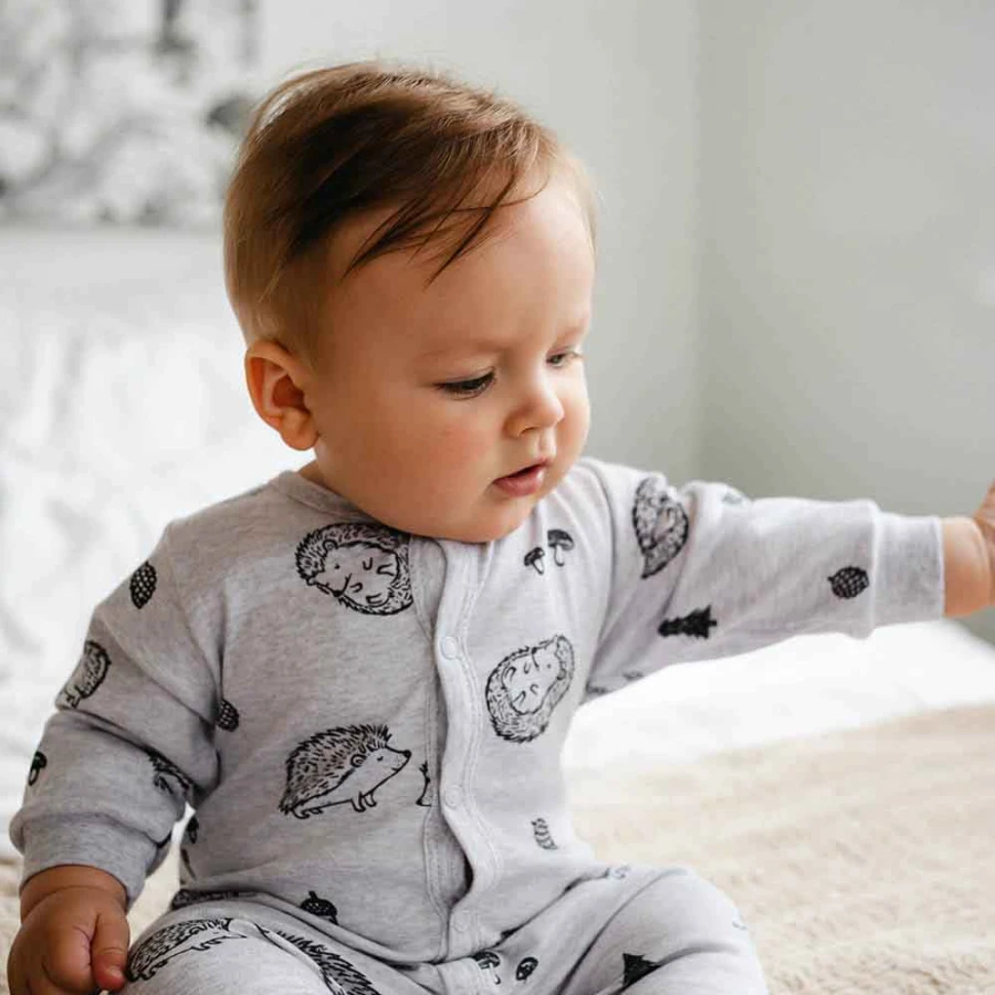 Grauer Baby-Strampler mit Igelmotiv