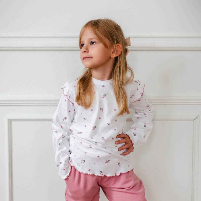 Mädchenbluse mit Volants weiß mit Blumen
