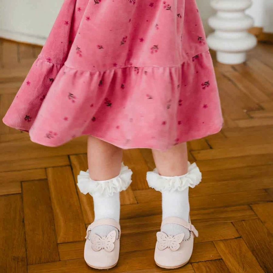 Mädchen Velourkleid rosa mit Blumen