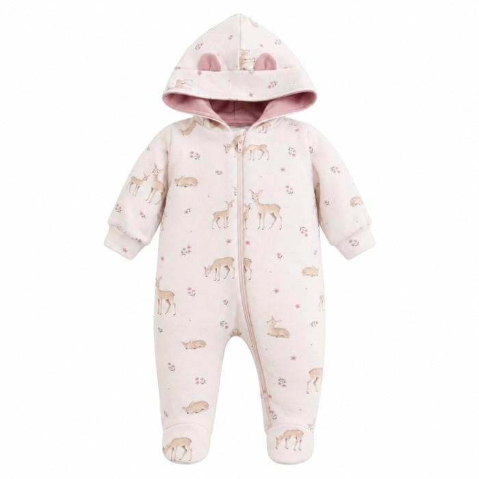 Baby-Overall mit Füßen ecru mit Reh-Muster