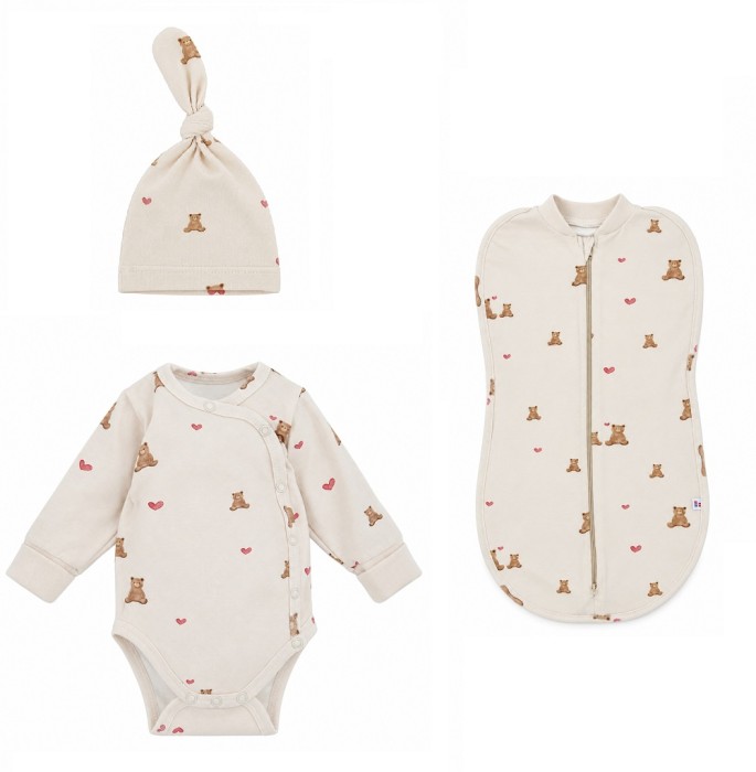 Babyset in Ecru mit Bären und Herzen