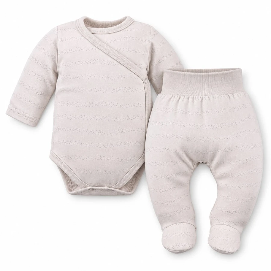 Baby-Set Petite – beiger Wickelbody und Strampelhose mit dezentem Muster