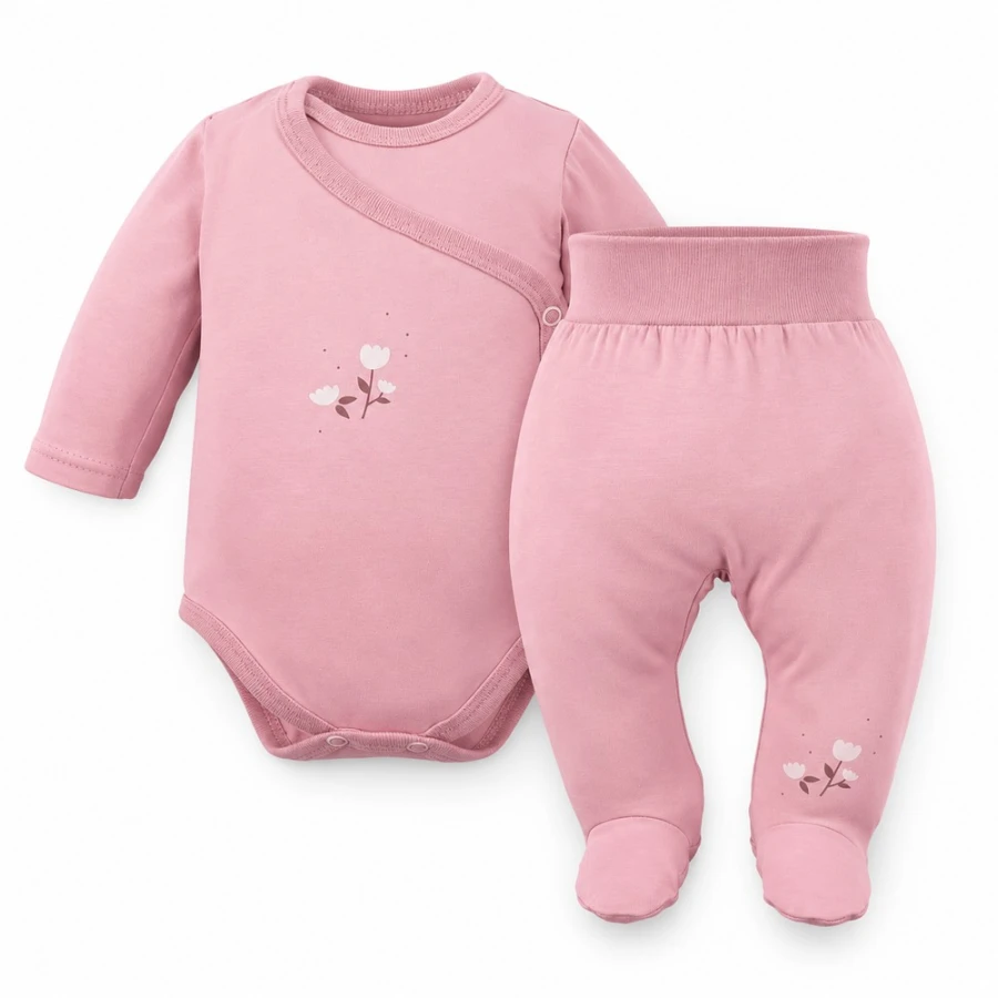 Baby-Set Petite – rosa Wickelbody und Strampelhose mit Blumenmotiv