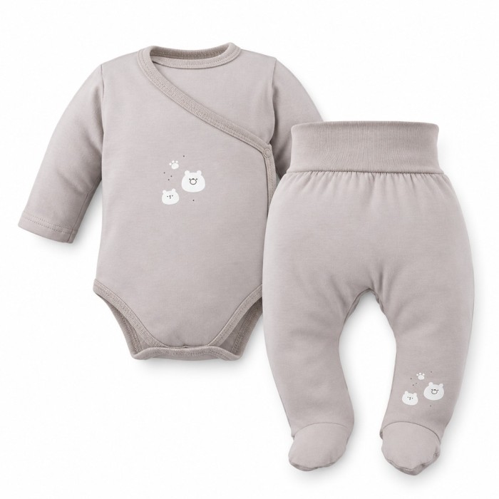 Baby-Set Petite – beiger Wickelbody und Strampelhose mit Teddybärenmotiv