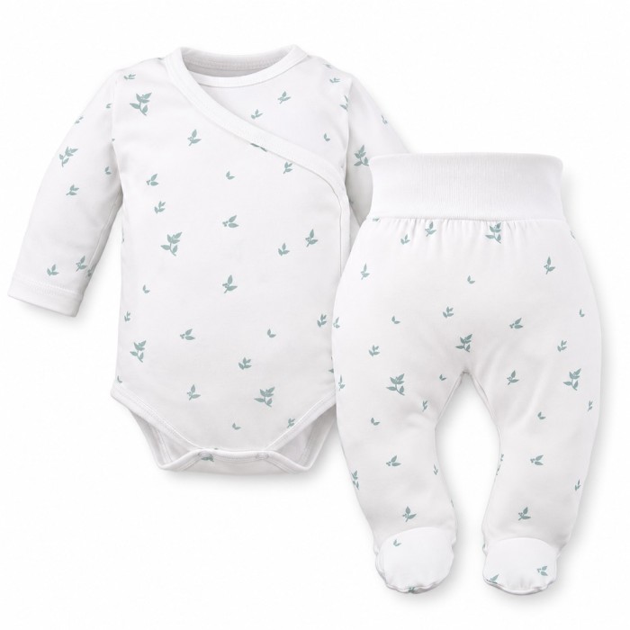 Baby-Set Petite – weißer Wickelbody und Strampelhose mit grünem Blättermuster