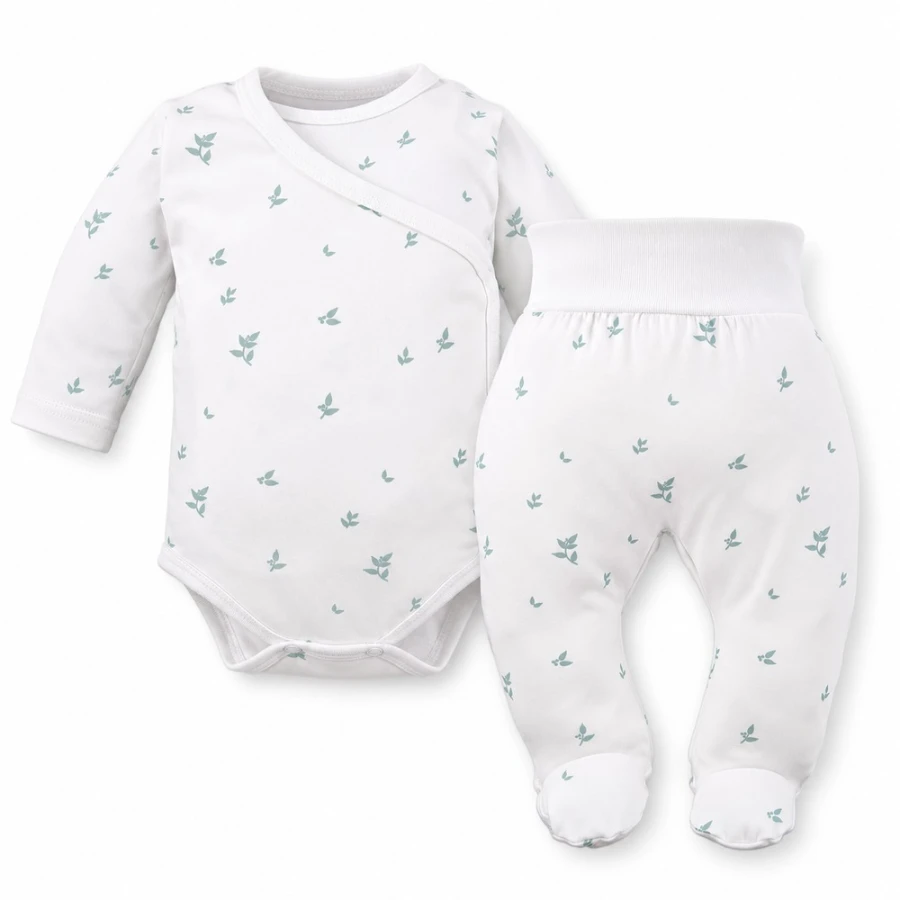 Baby-Set Petite – weißer Wickelbody und Strampelhose mit grünem Blättermuster