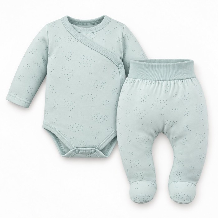 Baby-Set Petite – grüner Wickelbody und Strampelhose mit dezentem Muster