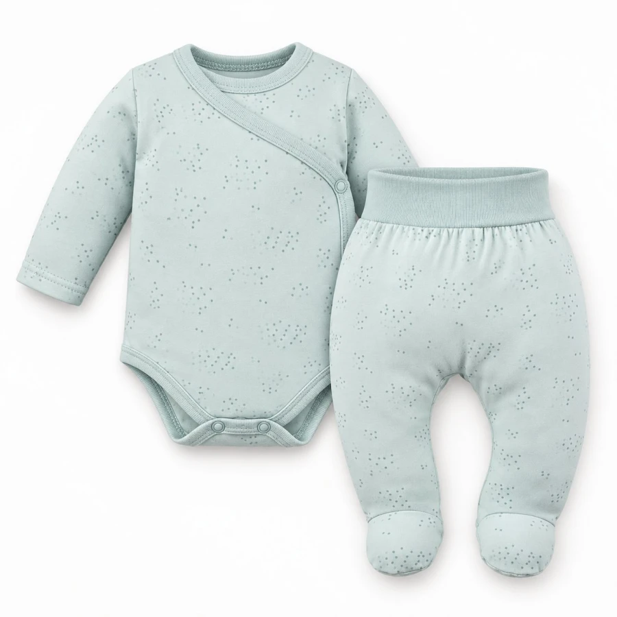 Baby-Set Petite – grüner Wickelbody und Strampelhose mit dezentem Muster