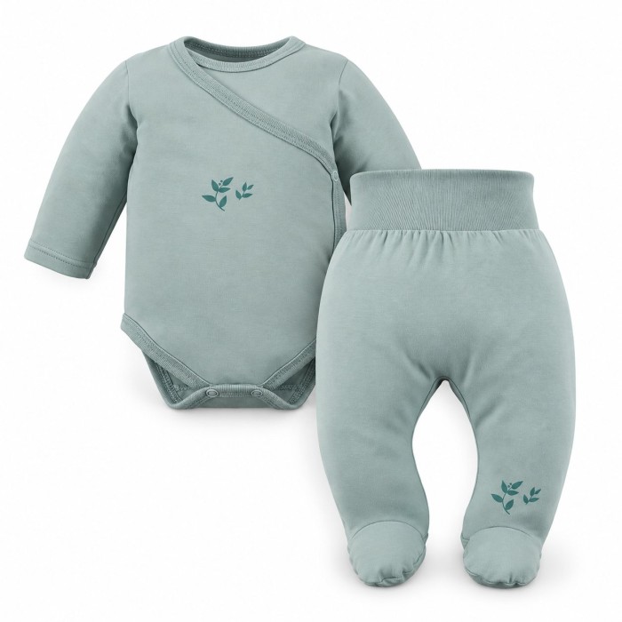 Baby-Set Petite – grüner Wickelbody und Strampelhose mit Blättermotiv