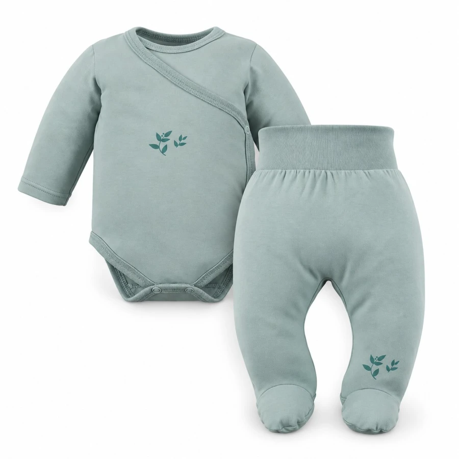Baby-Set Petite – grüner Wickelbody und Strampelhose mit Blättermotiv