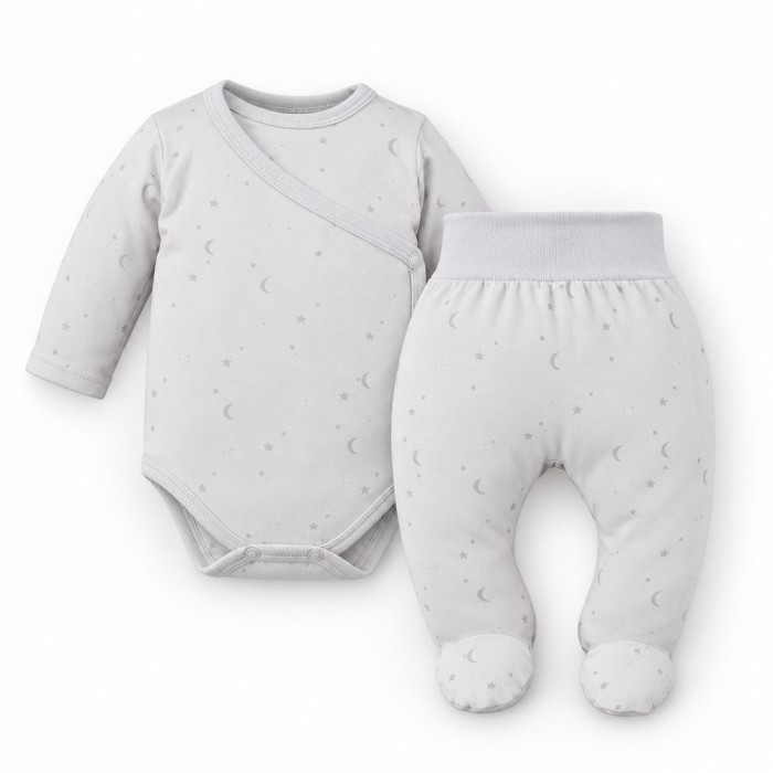 Baby-Set Petite – grauer Wickelbody und Strampelhose mit Sternen und Monden