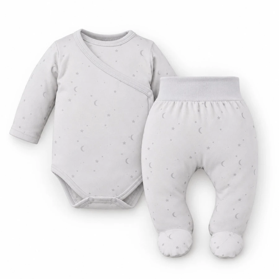 Baby-Set Petite – grauer Wickelbody und Strampelhose mit Sternen und Monden