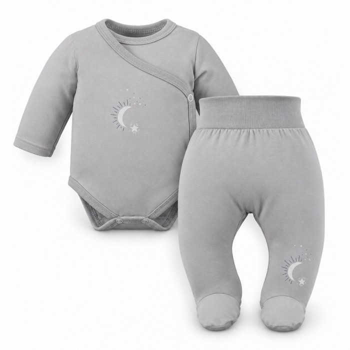 Baby-Set Petite – grauer Wickelbody und Strampelhose mit Mond- und Sternenmotiv