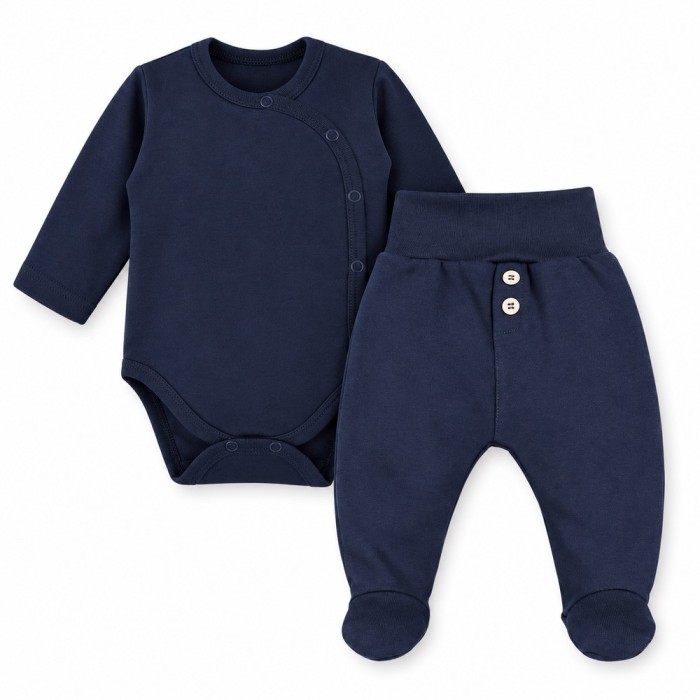 Marineblaues Babyset mit Wickelbody und Strampelhose mit Füßchen