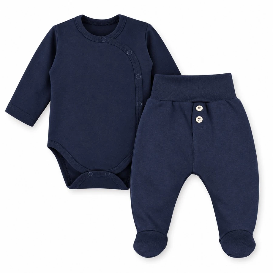 Marineblaues Babyset mit Wickelbody und Strampelhose mit Füßchen