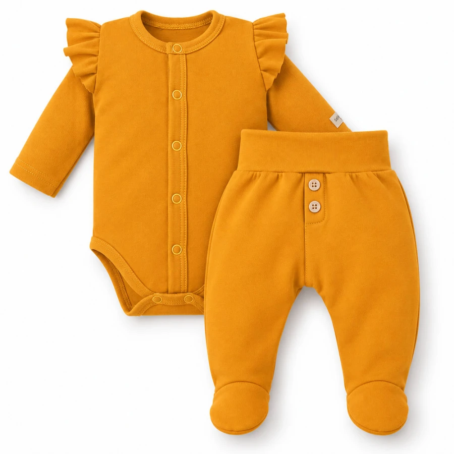Honigfarbenes Babyset mit Rüschenbody und Strampelhose mit Füßchen