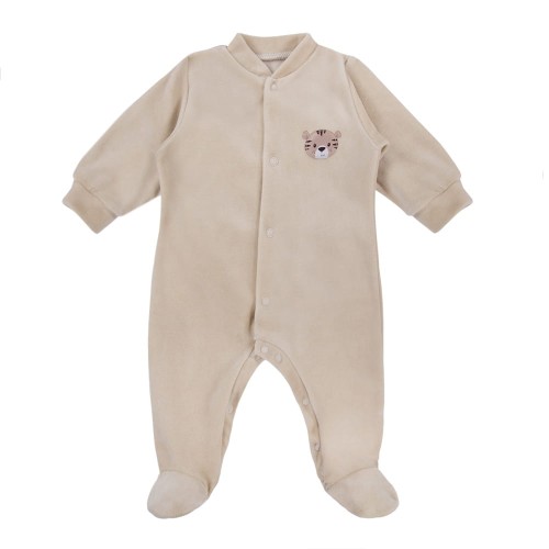 Beiger Baby-Strampler aus Velours mit Tiger
