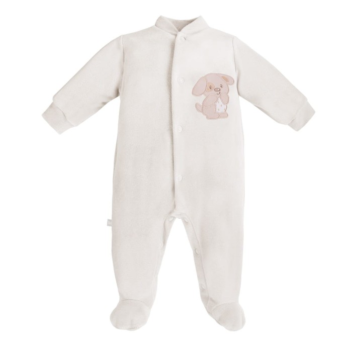 Ecrufarbener Baby-Strampler aus Velours mit Hundemotiv