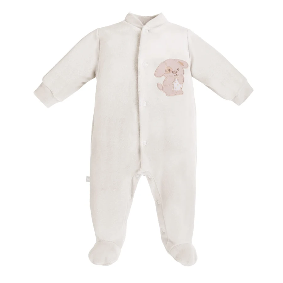 Ecrufarbener Baby-Strampler aus Velours mit Hundemotiv