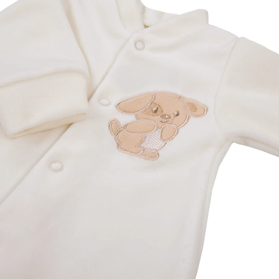 Ecrufarbener Baby-Strampler aus Velours mit Hundemotiv