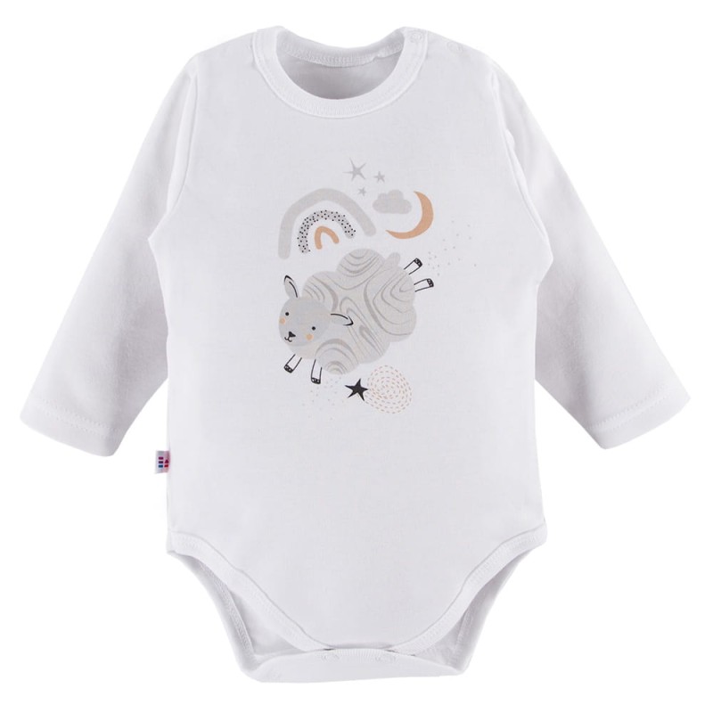 Weißer Kinderbody mit langen Ärmeln und Schafsmotiv