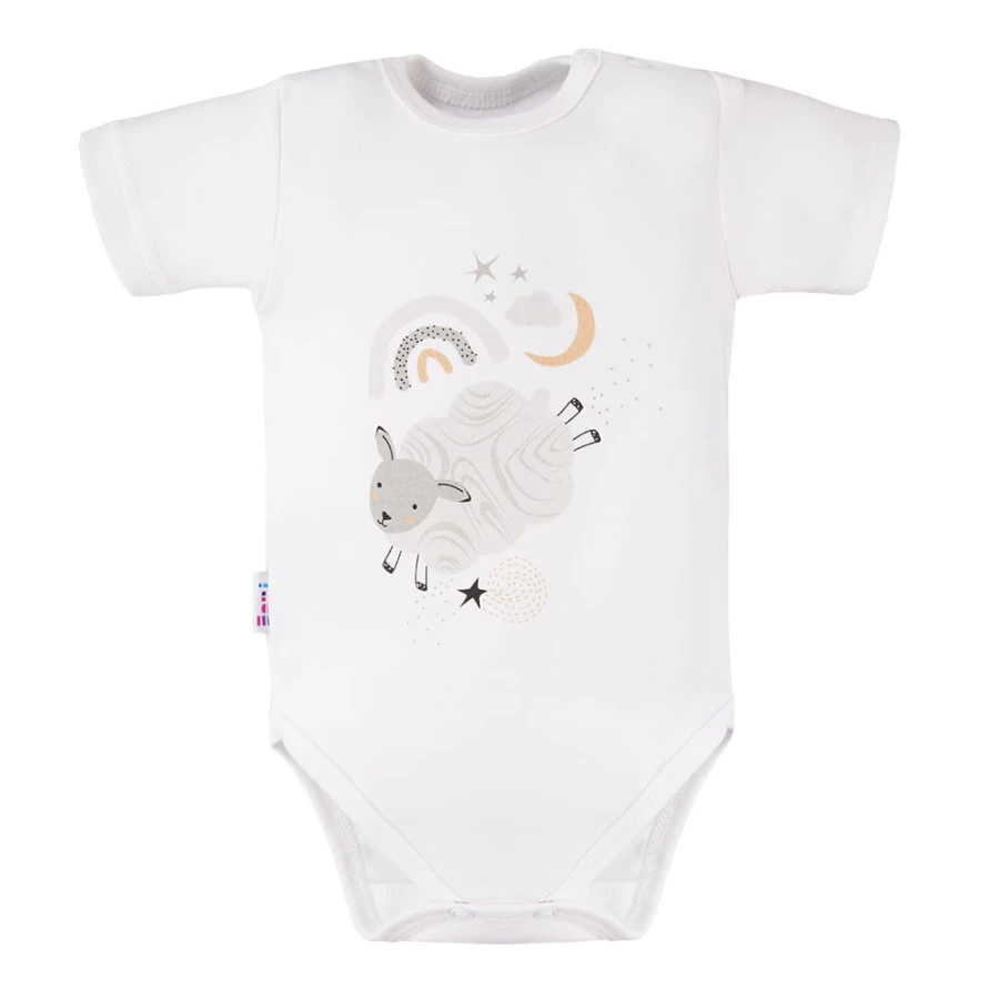 Weißer Baby-Body mit kurzen Ärmeln und Schafmotiv