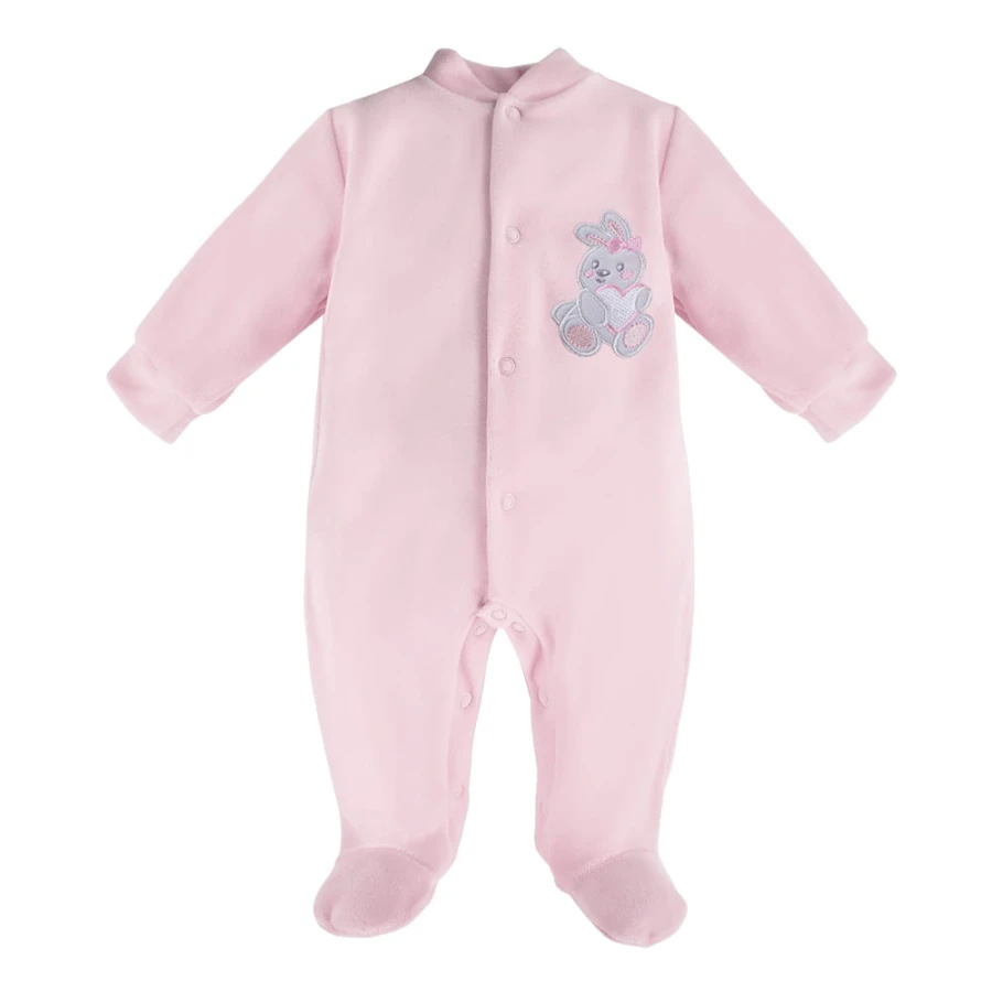 Kinder-Strampler aus Velours, rosa mit Hasenmotiv