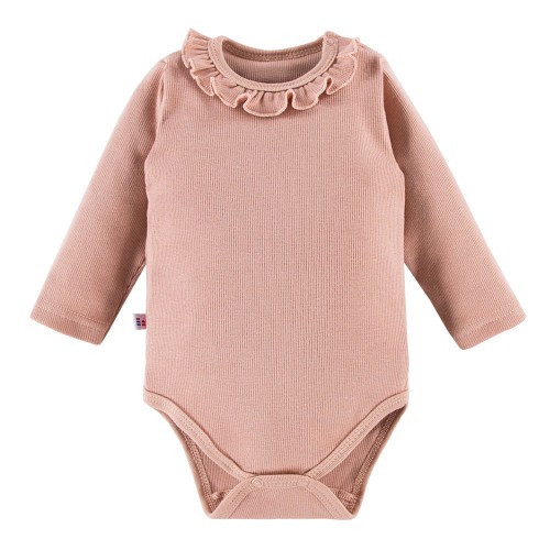 Beigefarbenes Babybody mit Streifen und Rüschen