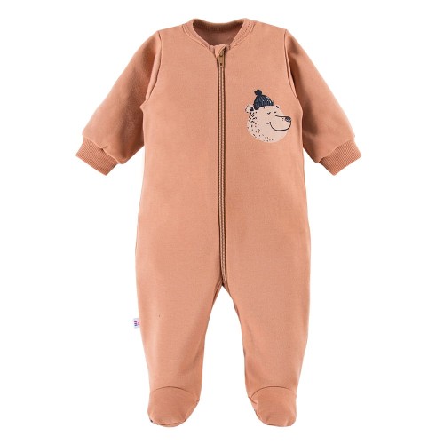 Beigefarbener Baby-Strampler mit Reißverschluss und Teddybär