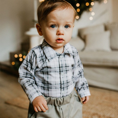 Kinder-Body mit Kragen und Karomuster, grau