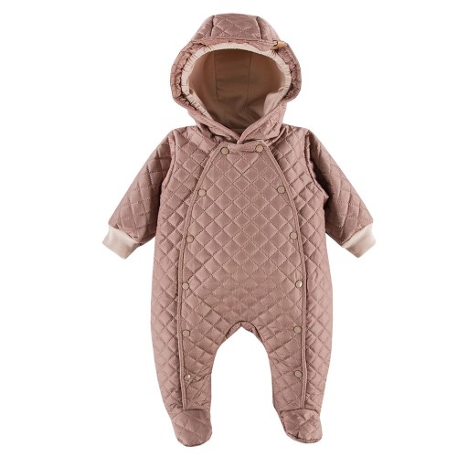 Beigefarbener, gesteppter Übergangs-Overall mit Kapuze