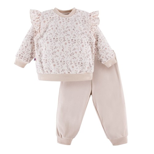Kinderpyjama mit Rüschen und Blumenmuster, beige