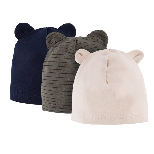 Kinder-Mützen 3er-Pack mit Ohren, dunkelblau, khaki, beige