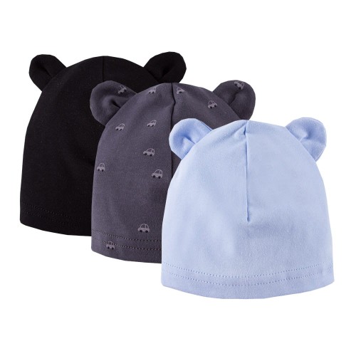 Kinder-Mützen 3er-Pack mit Ohren blau, grau, schwarz