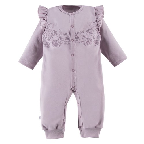 Strampler ohne Füße in Heidekrautfarbe mit Rüschen