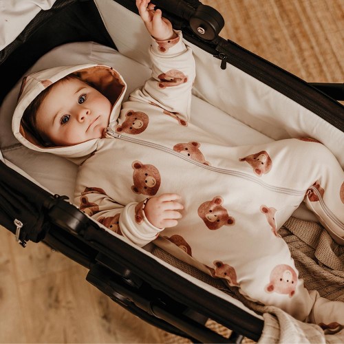 Kinder-Overall mit Kapuze in Ecru mit Bärenmotiv