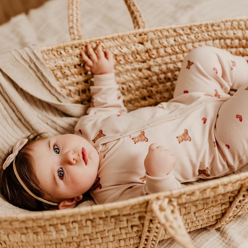 Baby-Strampler ohne Füße in Ecru mit Bären und Herzen