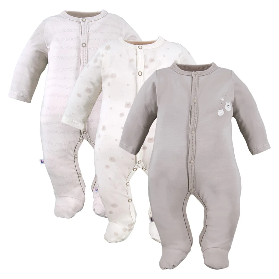 Beigefarbene Baby-Strampler im 3er-Pack mit Bärenmotiv