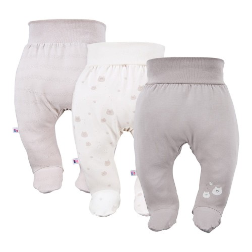 Joggers with feet beige 3-pack with teddy bears pattern