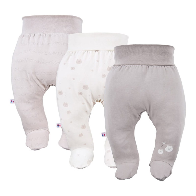Joggers with feet beige 3-pack with teddy bears pattern