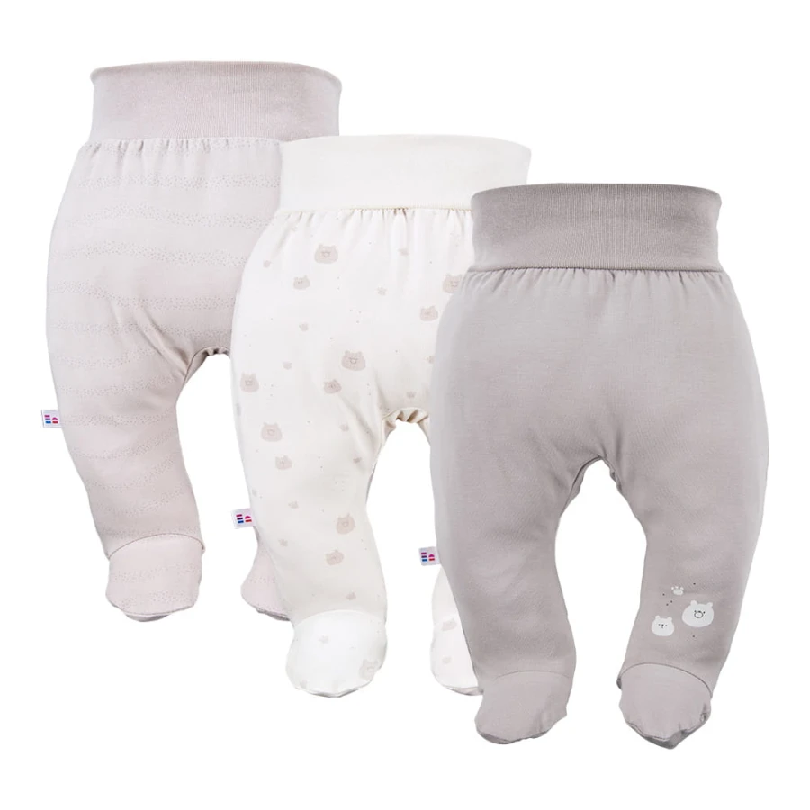 Beigefarbene Baby-Halbstrampler im 3er-Pack mit Bärenmotiv