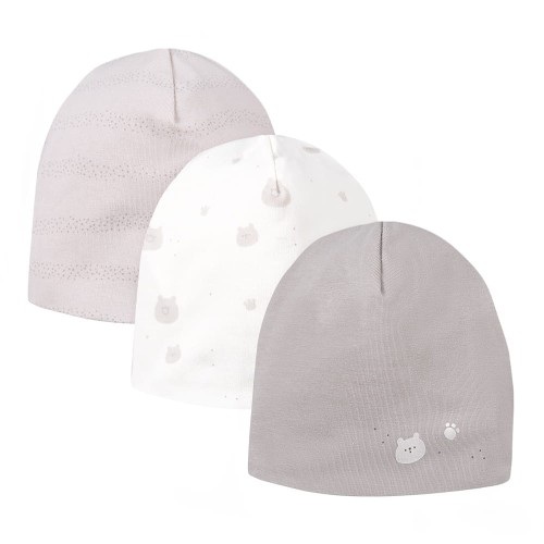 Beigefarbene Kindermützen, 3er-Pack mit Bärenmotiv