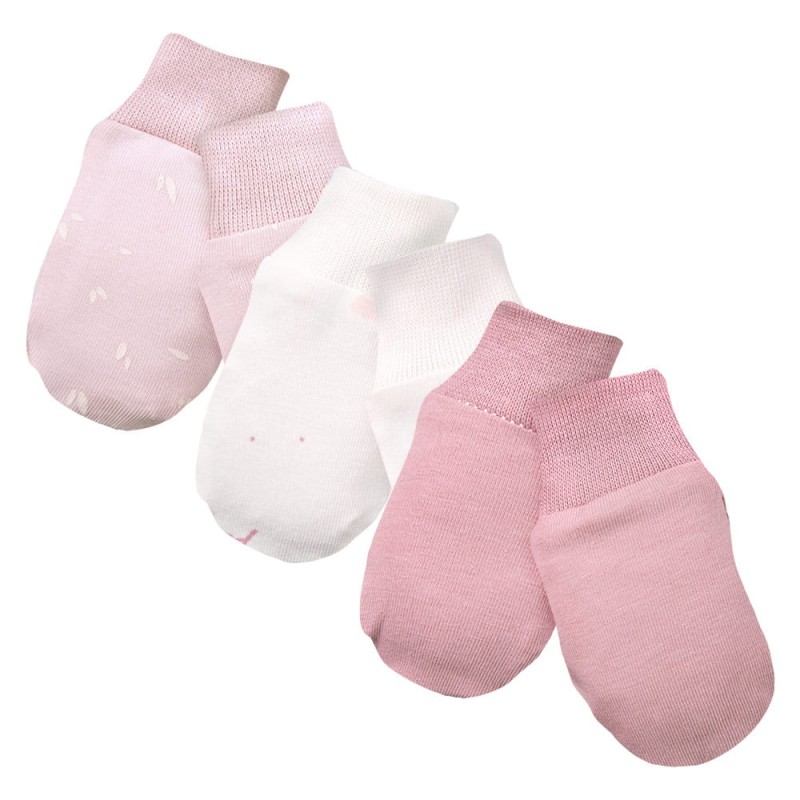 Baby gloves 3-pack pink with flowe pattern