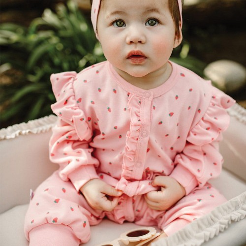 Sleepsuit without feet pink with strawberry print