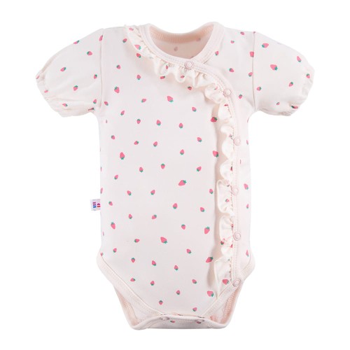Ecrufarbenes Baby-Wickelbody mit kurzen Ärmeln und Erdbeermuster