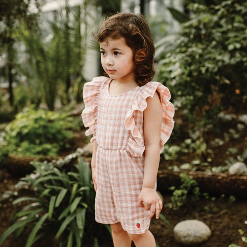 Muslin, checkered romper suit coral