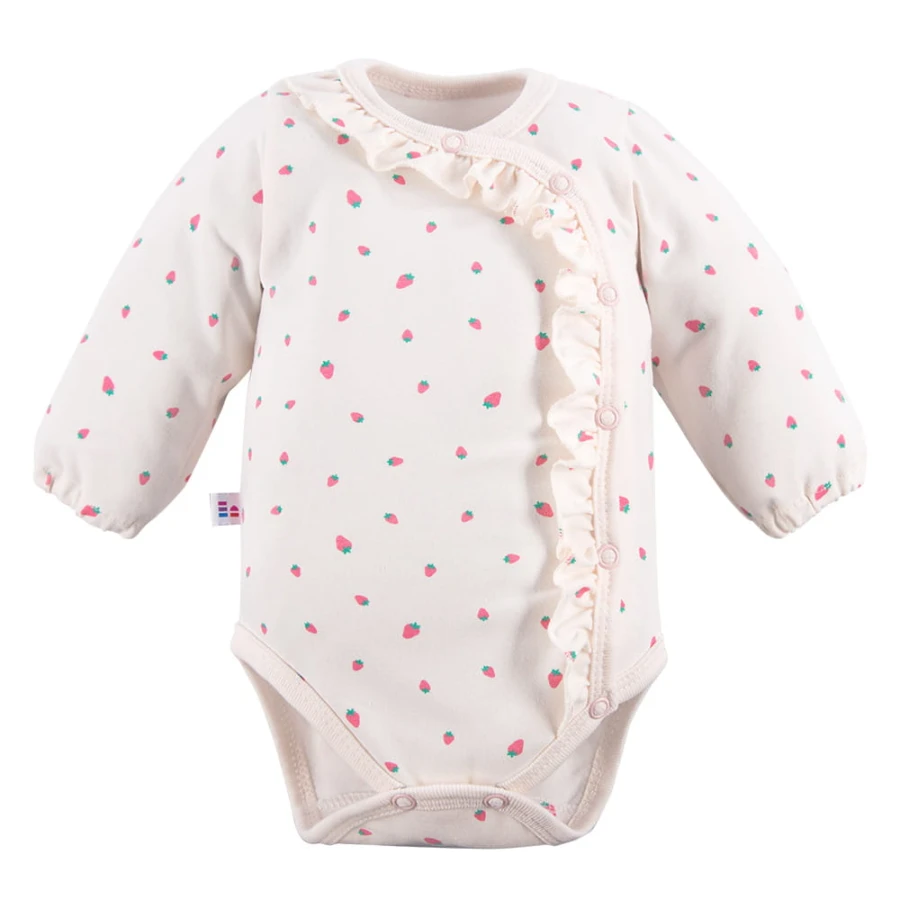 Baby Wickelbody ecru Langarm mit Erdbeeren